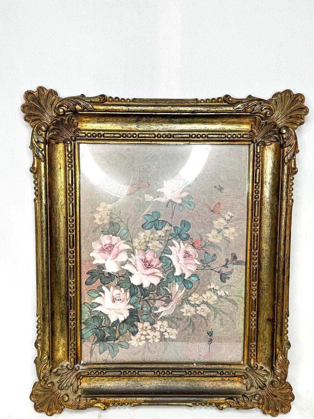 Vintage 1973 Plastic Dart Framed Floral and Butterflies Picture Under Glass